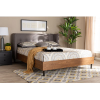 Baxton Studio BBT6809-Grey/Walnut-Full Catarina Mid-Century Modern Grey Fabric Upholstered Walnut Finished Wood Full Size Wingback Platform Bed